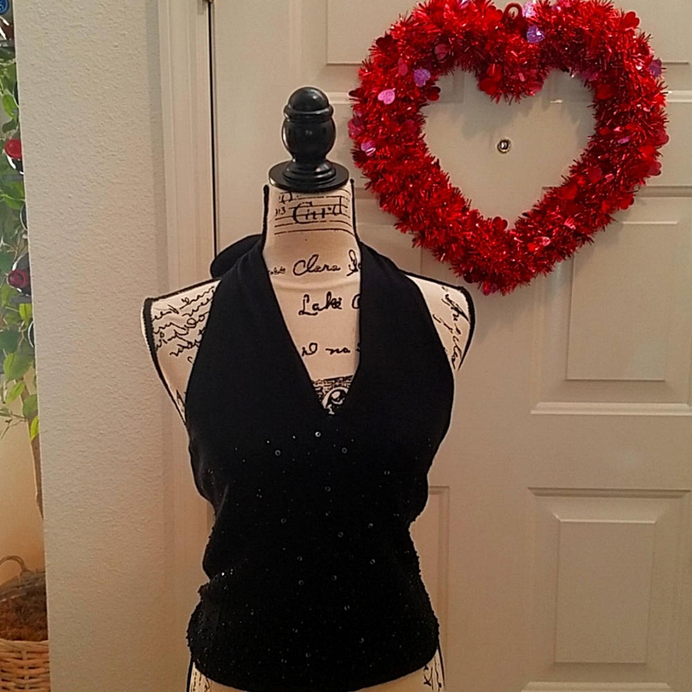 Black Sequin Knit Halter Top-EUC!